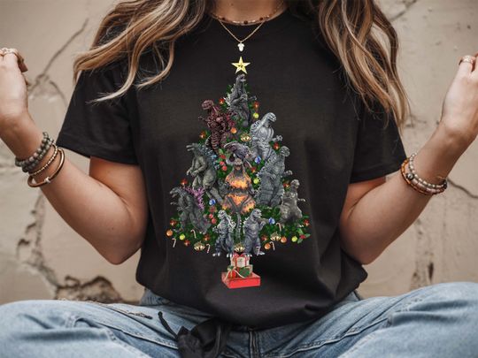 Discover god zilla Christmas Tree T-Shirt, Funny Kaiju Holiday Shirt, Monster Xmas Tee, Retro Movie Fan Christmas Tee