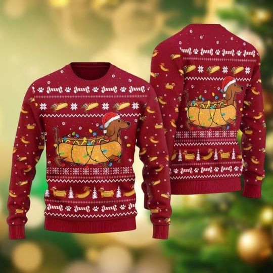 Dachshund Dog Ugly Christmas Sweater, Funny Hot Dog Holiday Sweater, Animals Christmas Sweater Men Women Kid, Xmas Gift For Dog Lovers