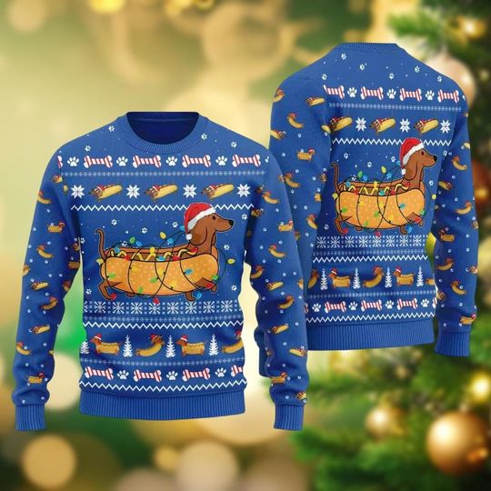 Dachshund Hot Dog Ugly Christmas Sweater, Funny Dog Holiday Sweater, Animals Christmas Sweater Men Women Kid, Xmas Gift For Pet Lovers