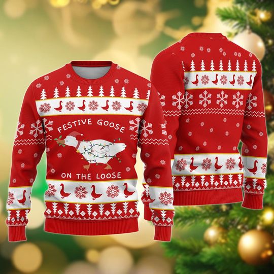 Discover Festive Goose On The Loose Christmas Ugly Sweater, Funny Goose Xmas Sweater, Cute Xmas Duck Shirt, Silly Goose Sweater, Xmas Gifts