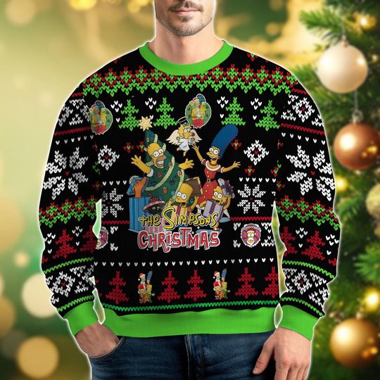 The Simpsons Ugly Christmas Sweater, Funny Family Holiday Sweater, Homer Simpsons Xmas Sweater, Cute Cartoon Sweater, Gift For Holiday
