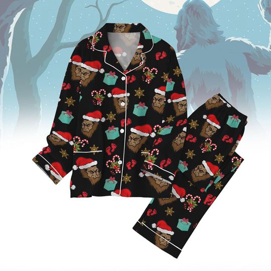 Bigfoot Christmas Pajama Set for Men Satin Short PJs Sasquatch Holiday Sleepwear