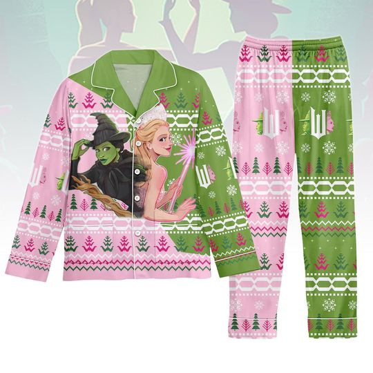 Wicked Christmas Pajamas Set, Wizard of Oz Satin Short PJs, Holiday Sleepwear for Adults