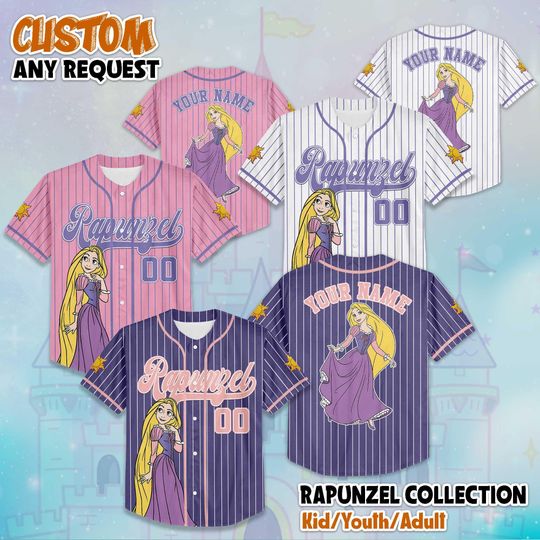 Discover Custom Rapunzel Princess Baseball Jersey, Disney Rapunzel Tangled Jersey Shirt, Disneyland Birthday Gift, Disney Baseball Fan Lover Gift