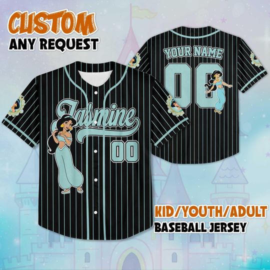 Discover Custom Jasmine Princess Black Baseball Jersey, Disney Princess Jasmine Shirt, Disney Birthday Gift, Disneyland Baseball Fan Lover Gift