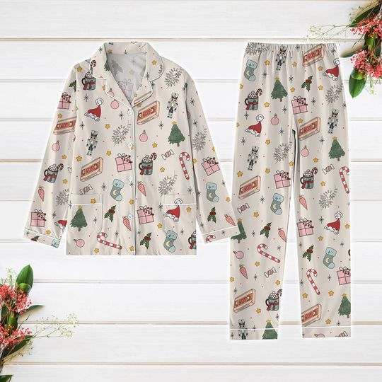 Nutcracker Christmas Pajama Set for Women, Xmas Pattern Long Sleeve Sleepwear, Holiday Loungewear with Christmas Tree