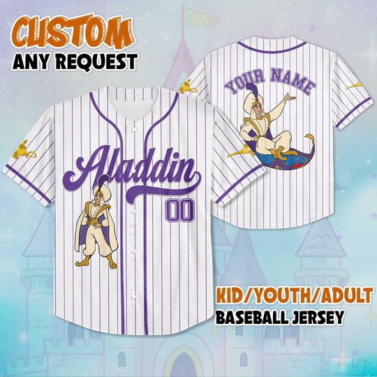 Discover Personalized Disney Aladdin Baseball Jersey, Custom Disney Aladdin Jersey Shirt, Disney Birthday Gift, Magic Kingdom Shirt