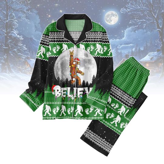 Bigfoot Believe Christmas Pajama Set, Sasquatch Holiday Sleepwear, Santa Sasquatch Xmas Pajamas, Christmas Party Gift