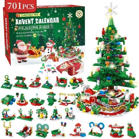 Portable Christmas Tree Building Set with LED Light Toys Kids Adult 24&1 Calendar Building Blocks Sensory Blind Box Gift