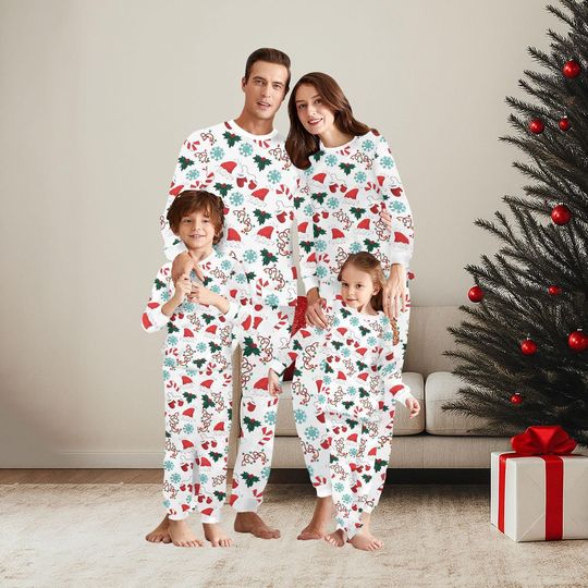 Christmas Snowflake Family Pajama Sets with Christmas Tree and Santa Hat