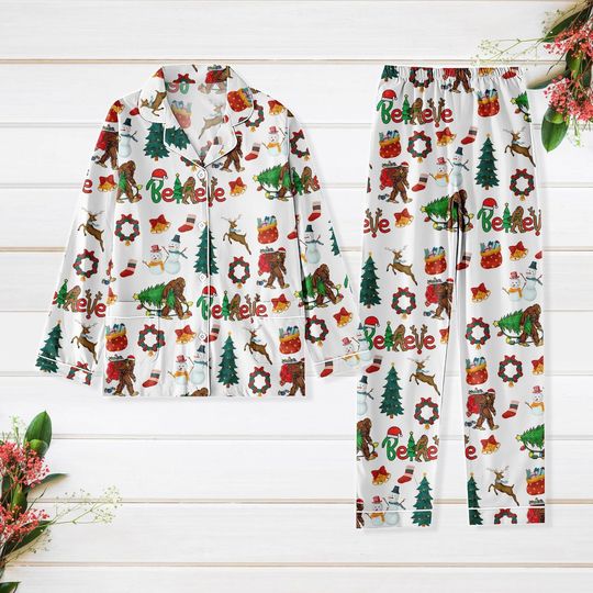 Christmas Bigfoot Pajama Set for Adults, Santa Sasquatch Holiday Sleepwear, Monster Xmas Lounge Set