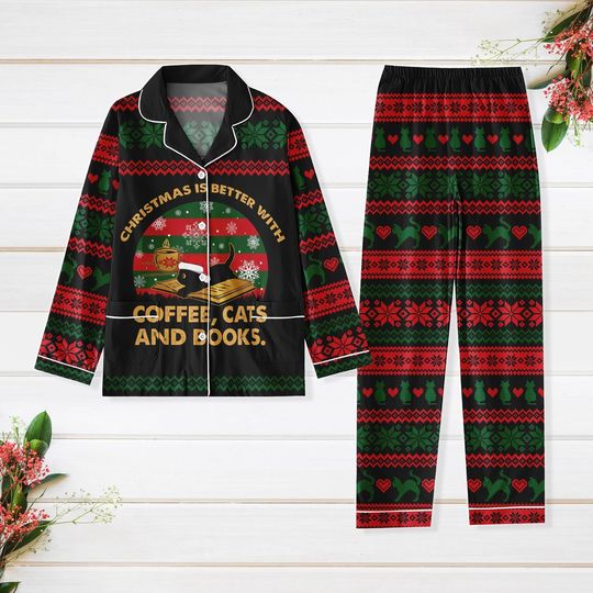 Discover Black Cat Reading Book Christmas Pajama Set for Women