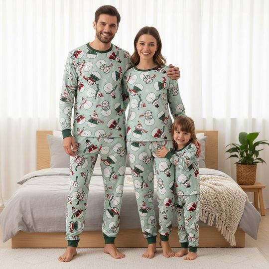 Discover Snowman Long Sleeve Pajama Set, Holiday Christmas Family Matching PJs, Winter Cozy Loungewear