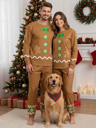 Discover Gingerbread Long Sleeve Pajamas Set for Adults, Holiday Christmas Family Loungewear, Festive Matching Sleepwear