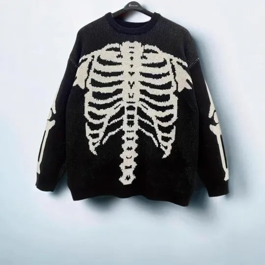 Color Block Skeleton Pattern Knitted Sweater Casual Halloween Theme Loose Fit Crew Neck Pullover for Women