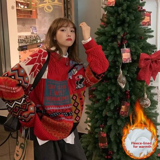 Discover Oversize Christmas Sweater American Retro Snowflake Bear Men's Loose Outerwear Lazy Style Long Sleeve Fleece Lined Knitwear