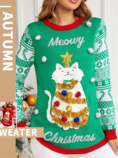 Discover Ugly Christmas Sweater Couple in Family with Embroidery Cat Stitch Funny Xams Pullover Ladies Sueter Sweaters Green Knitted 2025