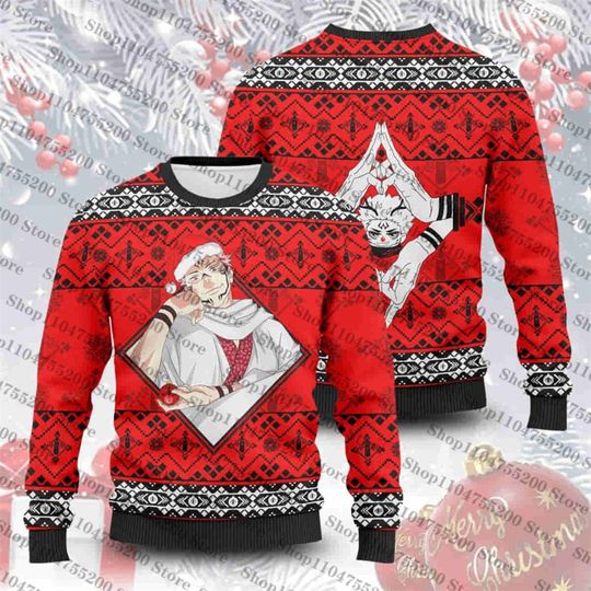 Red Merry Christmas Ryomen Sukuna Ugly Christmas Sweater 2026 Sweatshirt Pixel style Pullover Jujutsu Satoru Winter Trendy Fun