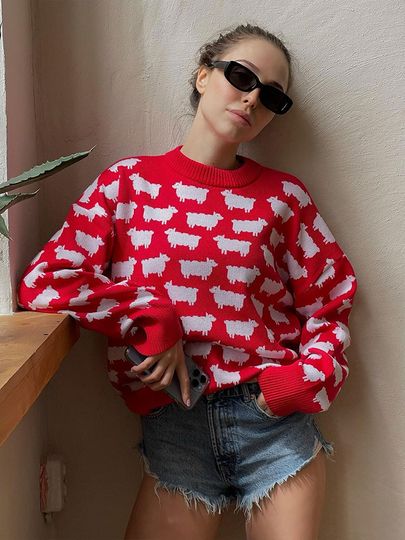 Discover Women's O-Neck Alpaca Printed Sweater Loose Casual Pullover Long Sleeve Retro Knitted Top for Autumn Winter Fashion Top