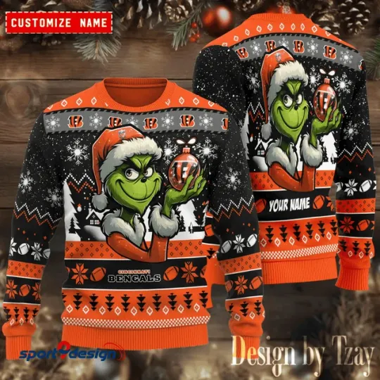 Cincinnati funny character With Ornament Bengals Football Team Christmas Ugly Sweater