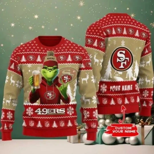 San Francisco funny character With Beer 49ers Football Team Christmas Ugly Sweater