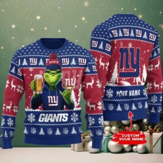 Discover New York funny character With Beer Giants Football Team Christmas Ugly Sweater