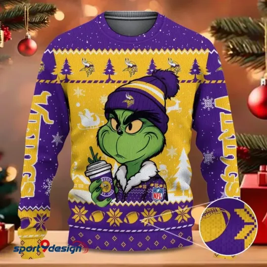 Discover Minnesota funny character Coffee Vikings Christmas Ugly Sweater Football Ugly Sweater