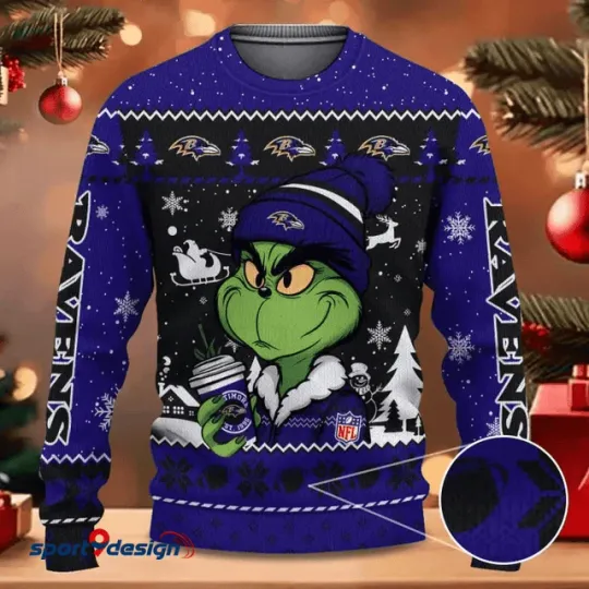 Discover Baltimore funny character Coffee Ravens Christmas Ugly Sweater Football Ugly Sweater