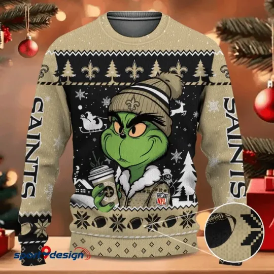 Discover New Orleans funny character Coffee Saints Christmas Ugly Sweater Football Ugly Sweater