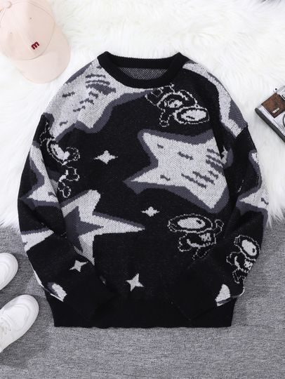 New Popular Spring & Fall Astronaut Star-Picking Jacquard Pattern Pullover Sweater Casual Round Neck Contrast Color Knitted Men'