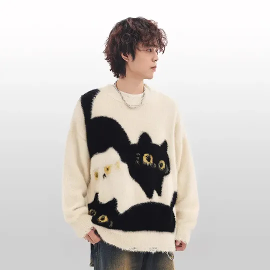 Vintage Knitted Top Sweater For Men And Women Casual Loose Fit Fashionable Spring Autumn Preppy Style Cute Kitten Fun New Model