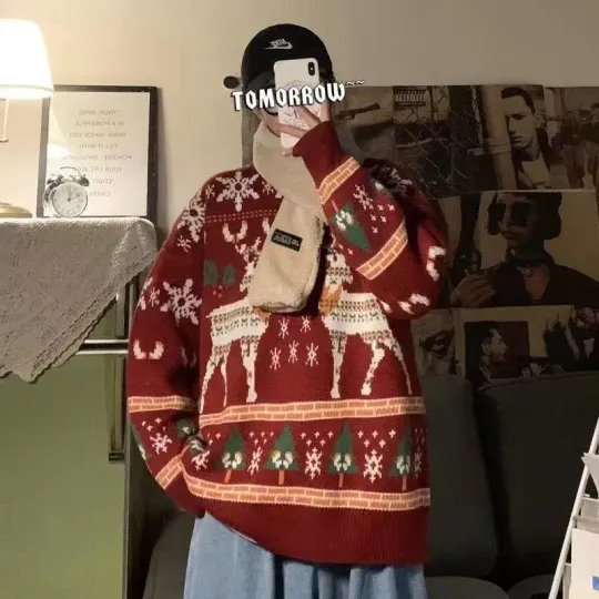 Christmas Round Neck Sweater Men's Thickened Knit Jacket Loose Fit Hong Kong Style Vintage Base Layer Top Trendy Pullovers