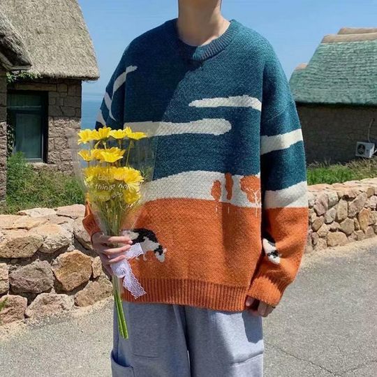 Discover Men's Cows Vintage Sweaters 2025 Winter Patchwork Knit Pullover Men O-Neck Korean Fashion Sweater Women Casual Harajuku Clothes