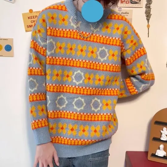 Discover 2024 New Loose Long Sleeve Knitted Sweater Striped Floral Pattern Couple Lazy Style Winter Casual Crew Neck Men's Sweatshirt