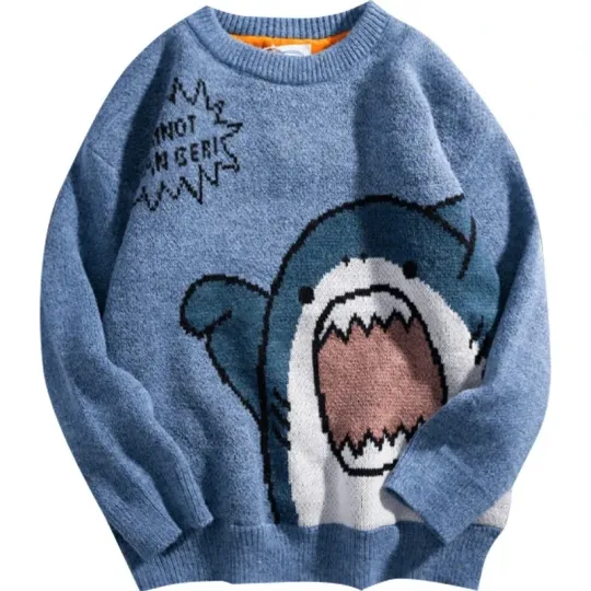 Discover Shark Sweater Men Winter Cartoon Harajuku Korean Y2k Oversized Turtleneck Hip Hop Loose Knit Jumper Pullover High Collar Sweater