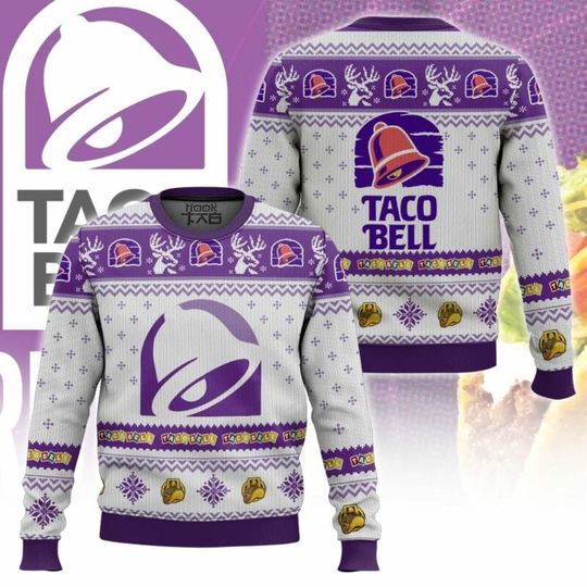 Taco Bell Ugly Sweater Funny Holiday Party Pullover Warm Cozy Plus Size Xmas Jumper for Men Women Christmas Gift Ideas Purple