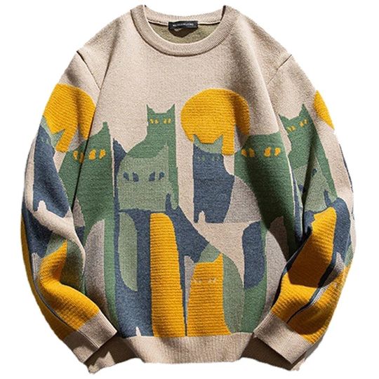 Discover 2024 Autumn Knitted Sweater Men Women Winter Harajuku Cartoon Full Cat Print Pullover Vintage Causal Loose Sweaters Streetwear