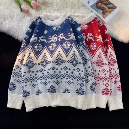 Christmas Knitwear Men's Loose Outerwear Lazy Style Autumn Winter Fashion Brand Versatile round Neck Pullover Sweater