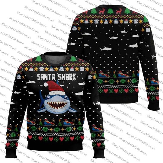 Discover Black Santa Shark Ho Ho Ho Pixel Style Holiday Ugly Christmas Sweater Unisex Ideas Hot Sale Daily Sweatshirt Atmosphere Pullover