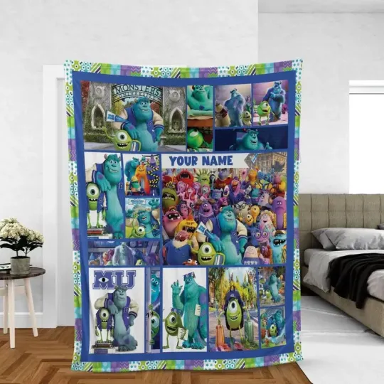 Discover Disney Monsters Inc Characters Collage Cozy Customized Name Fleece Blanket