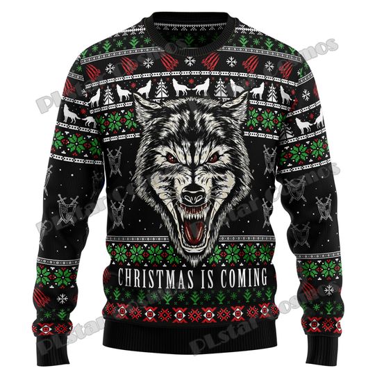 Autumn Winter Unisex Casual Knit Pullover Sweater Awesome Native Wolf Pattern 3D Printed Men's Ugly Christmas Sweater KMY05