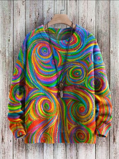 Discover Winter Unisex Casual Knit Pullover Sweater Rainbow Colors Swirl & Nebulous Art 3D Printed Crewneck Knitted Sweaters KMY27