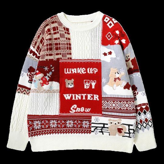 Fashion Japanese Retro Twist Christmas Sweater Winter Loose Round Neck Long Sleeve Versatile Jacket for Men