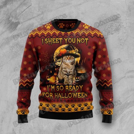 Discover PLstar Cosmos Cat Ready For Halloween 3D Printed Men's Ugly Christmas Sweater Winter Unisex Casual Knit Pullover Sweater ZZM25