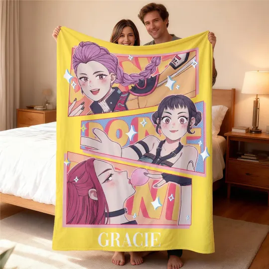 Discover Personalized Huntrix Blanket, Custom Cozy Kpop Demon Hunters Blanket With Name