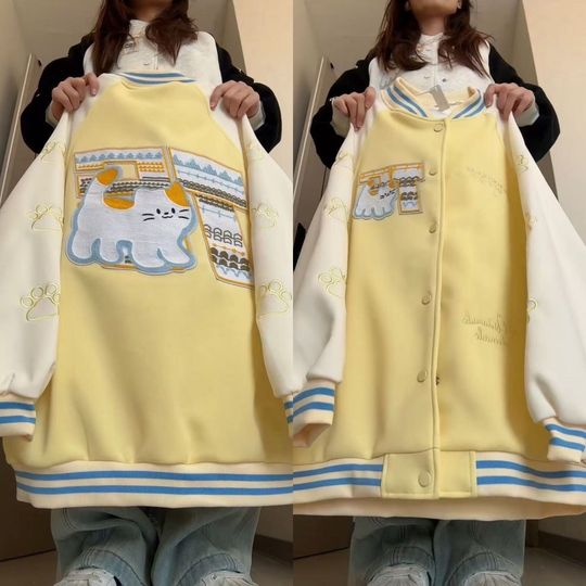 Discover Y2K Vintage Cartoon Letter Jacket Women Oversized Cute Baseball Coat Spring Autumn Loose Short Cardigan Bomber Casual Outwear