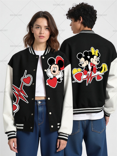 Discover Couple Disney Mickey Minnie Mouse Men's Women Baseball Jacket  Autumn Winter Fashion Coats Fleece O-Neck Streetwear Hoodies Tops