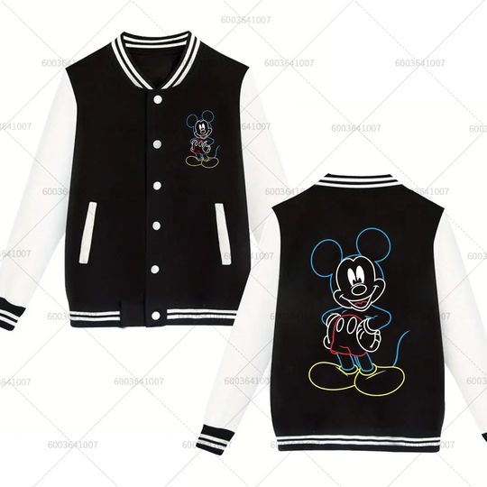Discover Disney Punk Mickey Mouse Men's Women Baseball Jacket Sports Autumn Winter Classic Coats Fleece O-Neck Streetwear Hoodies Couple