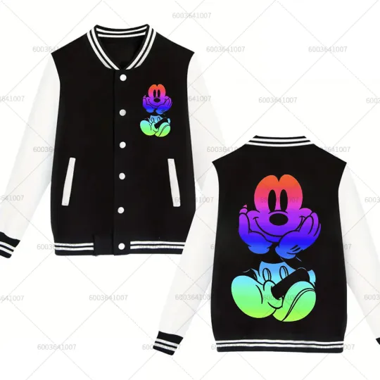 Discover Couple Disney Punk Mickey Mouse Men's Women Baseball Jacket Sports Autumn Winter Classic Coats Fleece O-Neck Streetwear Hoodies