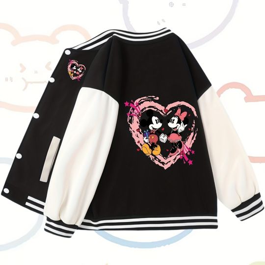 Discover Mickey Minnie Enjoys Time Baseball Jacket Women's Autumn and Winter New Collection Retro Fashion Men's and Women's Streetwear